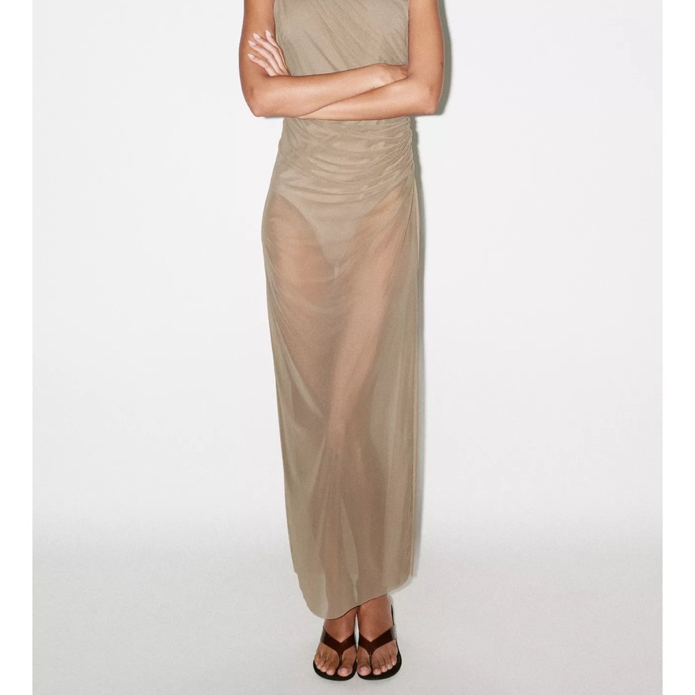 Zara Mesh Ruched Slip Maxi Dress